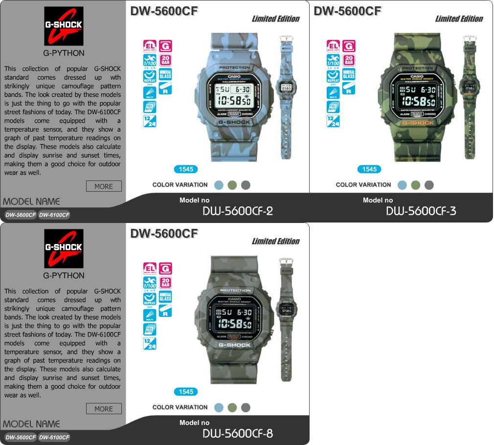 G-PYTHON, Limited Collection, DW-5600CF-2, DW-5600CF-3,
DW-5600CF-8