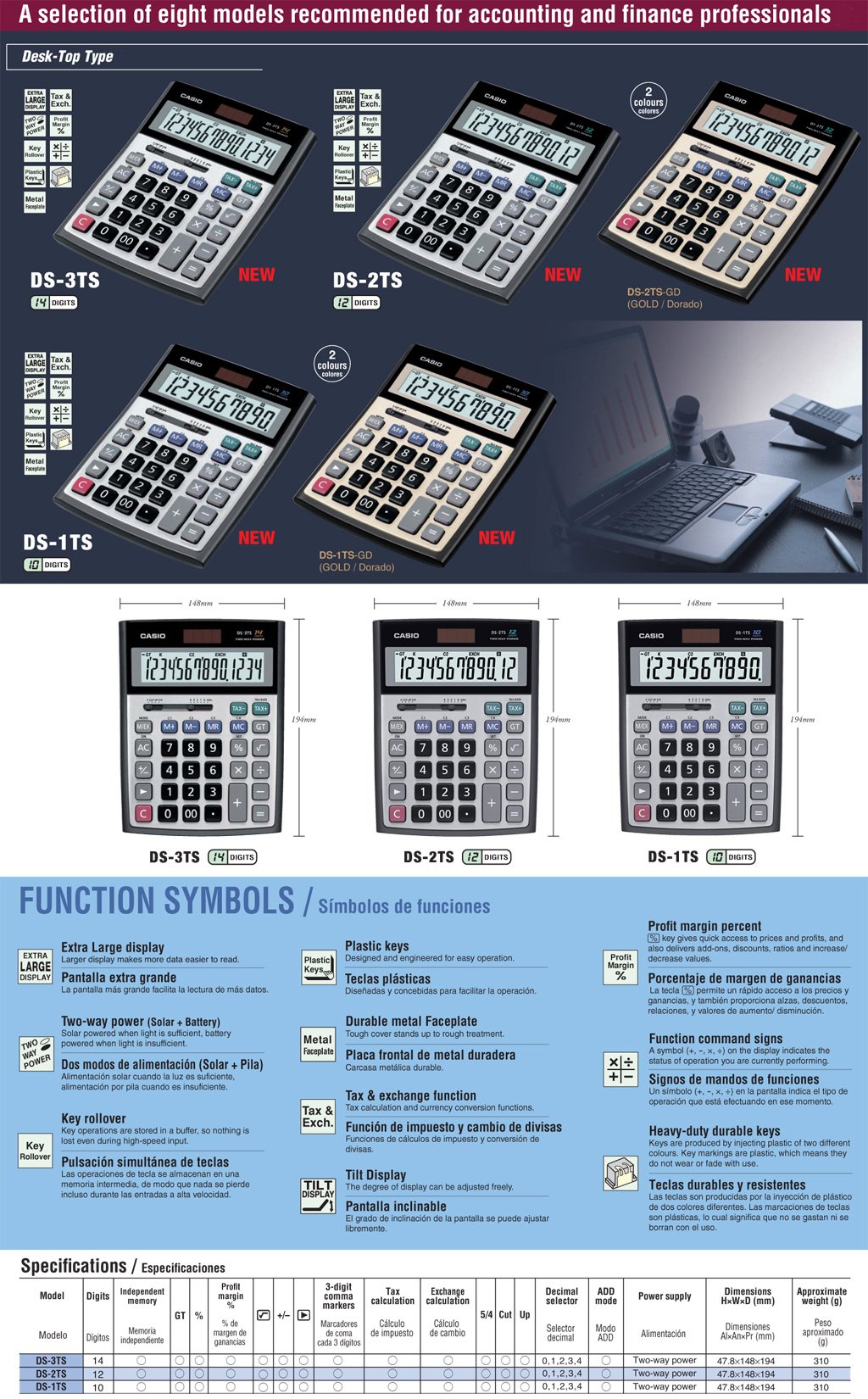 Calculator, Heavy Duty, Desk-Top Type, 10 digits, 12 digits, 14 digits, Gold, DS-1TS, DS-1TS-GD, DS-2TS, DS-2TS-GD, DS-3TS