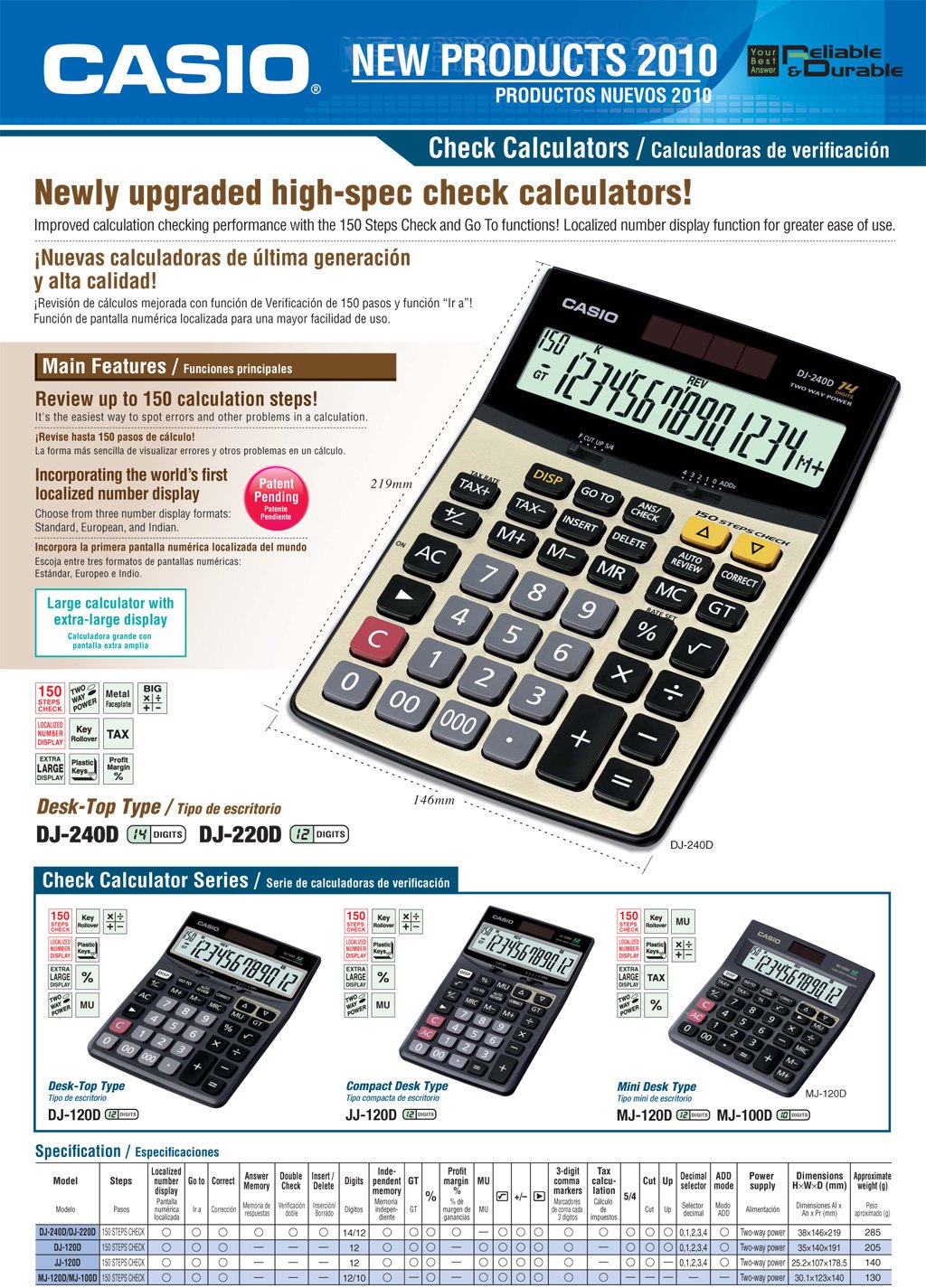 Calculator, Desk-top type, 150 steps check, 14 digits, 12 digits, DJ-240D, DJ-220D, DJ-120D, JJ-120D, MJ-120D, MJ-100D