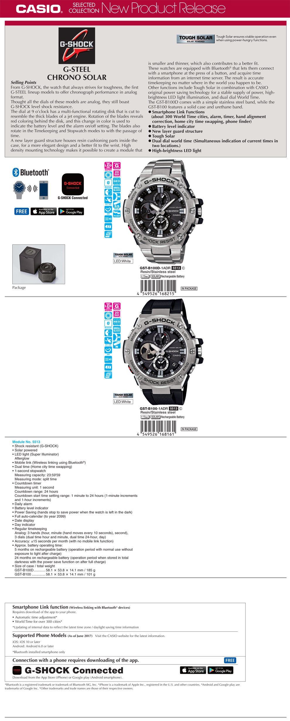 G-SHOCK, G-STEEL, CHRONO , Bluetooth, Tough Solar, smartphone link, G-SHOCK Connect App, chronograph, GST-B100D-1A, GST-B100-1A