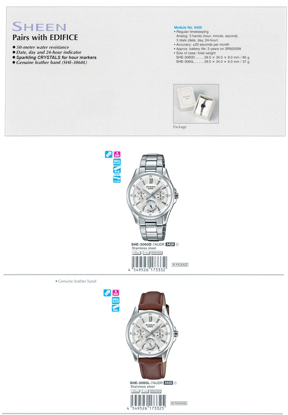 SHEEN, Pairs with EDIFICE, Crystal, 50-meter water resistance, SHE-3060D-7A, SHE-3060L-7A