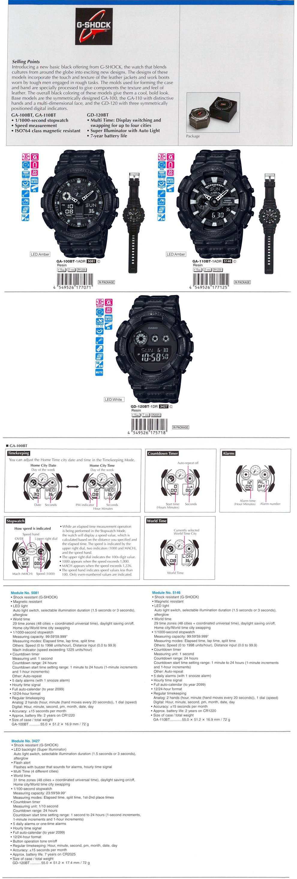 G-SHOCK, BLACK, Speed measurement, ISO764, super illuminator, 7-year battery life, GA-100BT-1A, GA-110BT-1A, GD-120BT-1