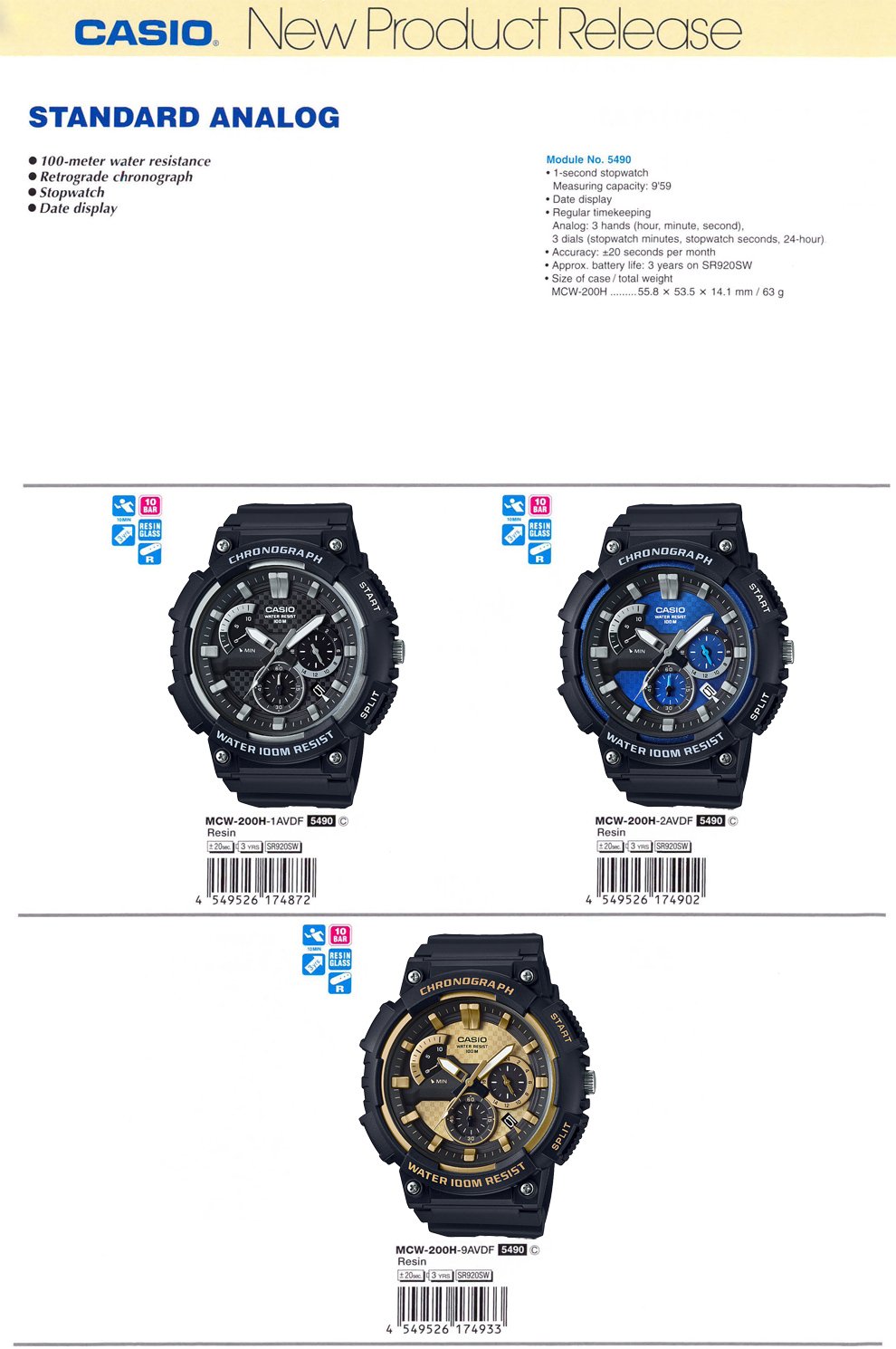 Standard Analog, Retrograde chronograph, stopwatch, 100-meter water resistance, MCW-200H-1AV, MCW-200H-2AV, MCW-200H-9AV