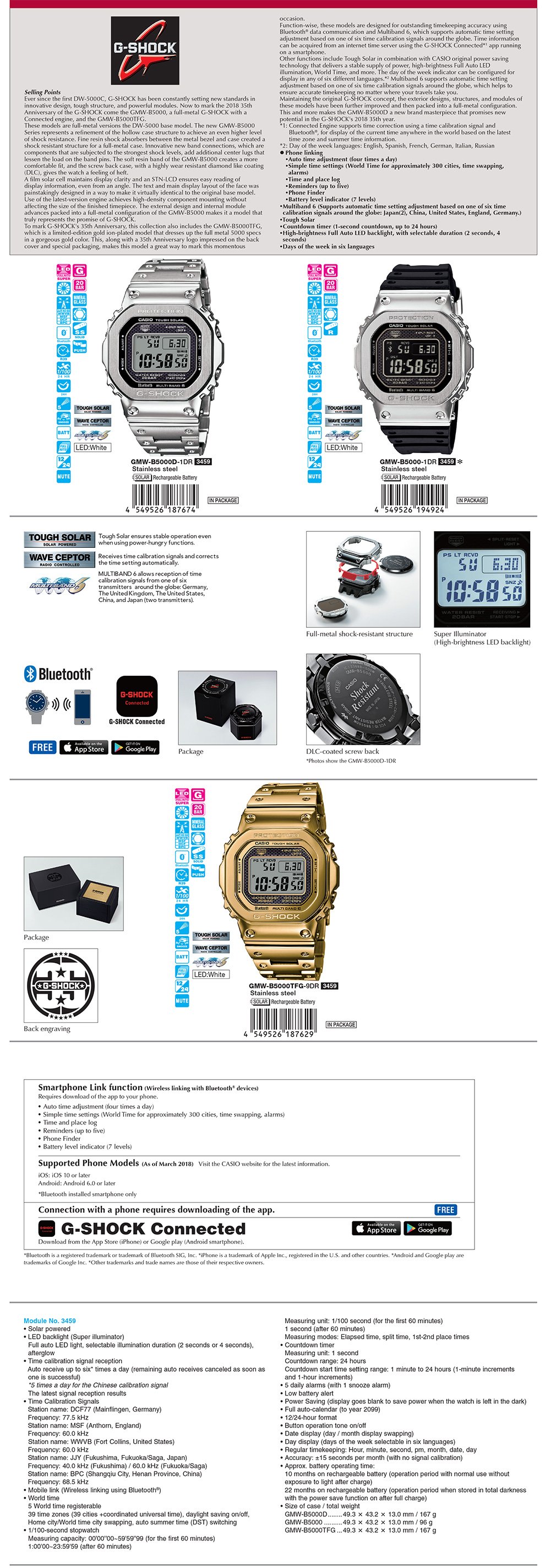 G-SHOCK, First, DW-5000C, 35th Anniversary, phone linking, multiband6, Tough Solar, GMW-B5000D-1, GMW-B5000-1, GMW-B5000TFG-9