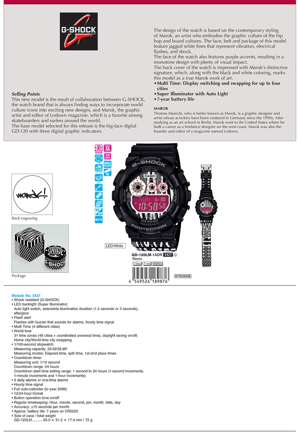 G-SHOCK, MAROK, Multi Time, Super Illuminator, 7-year Battery life, GD-120LM-1A