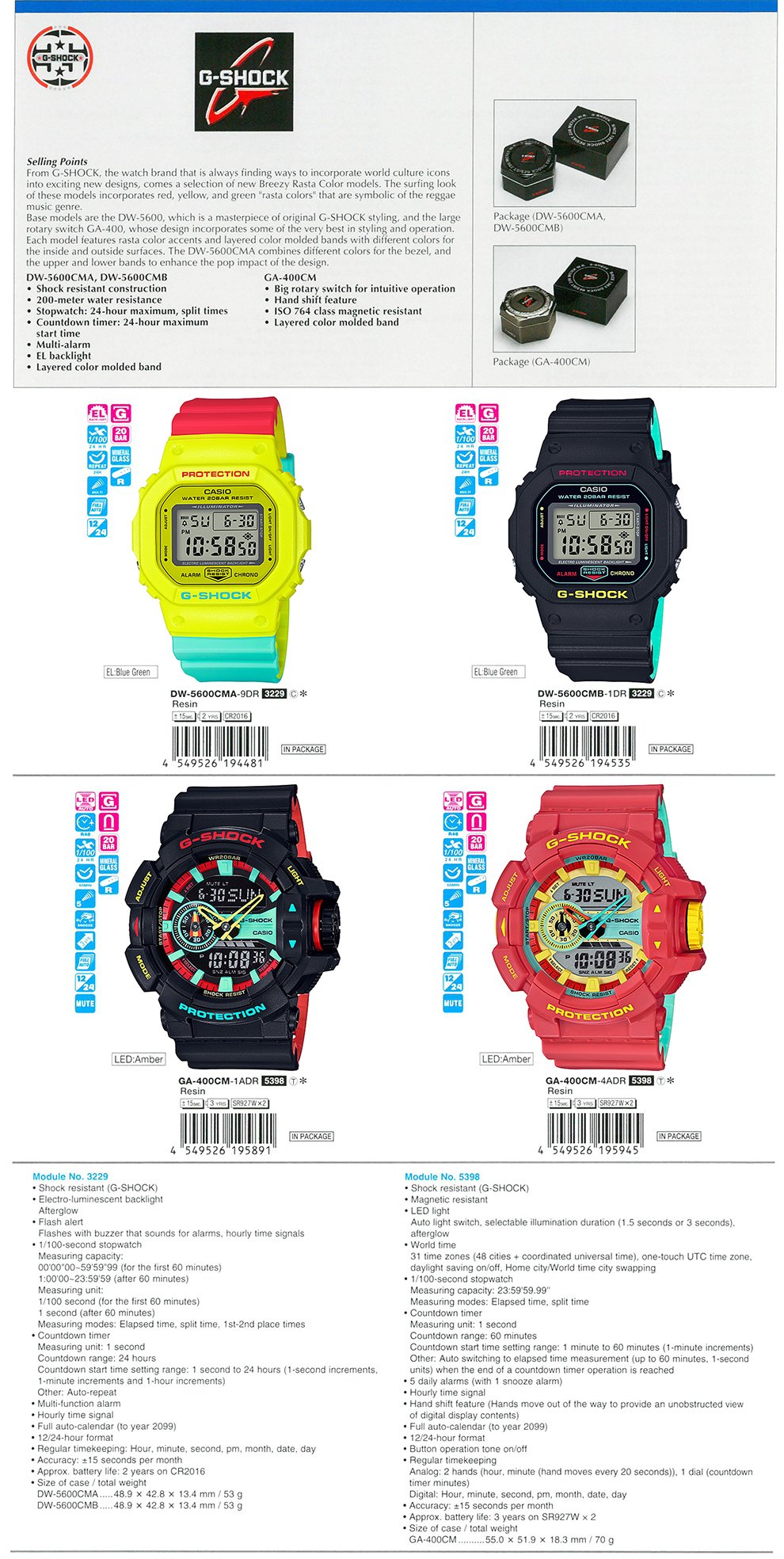 G-SHOCK, Breezy Rasta Color, Surfing, reggae music, big rotary switch, ISO764, Pop impact design, DW-5600CMA-9, DW-5600CMB-1, GA-400CM-1A, GA-400CM-4A