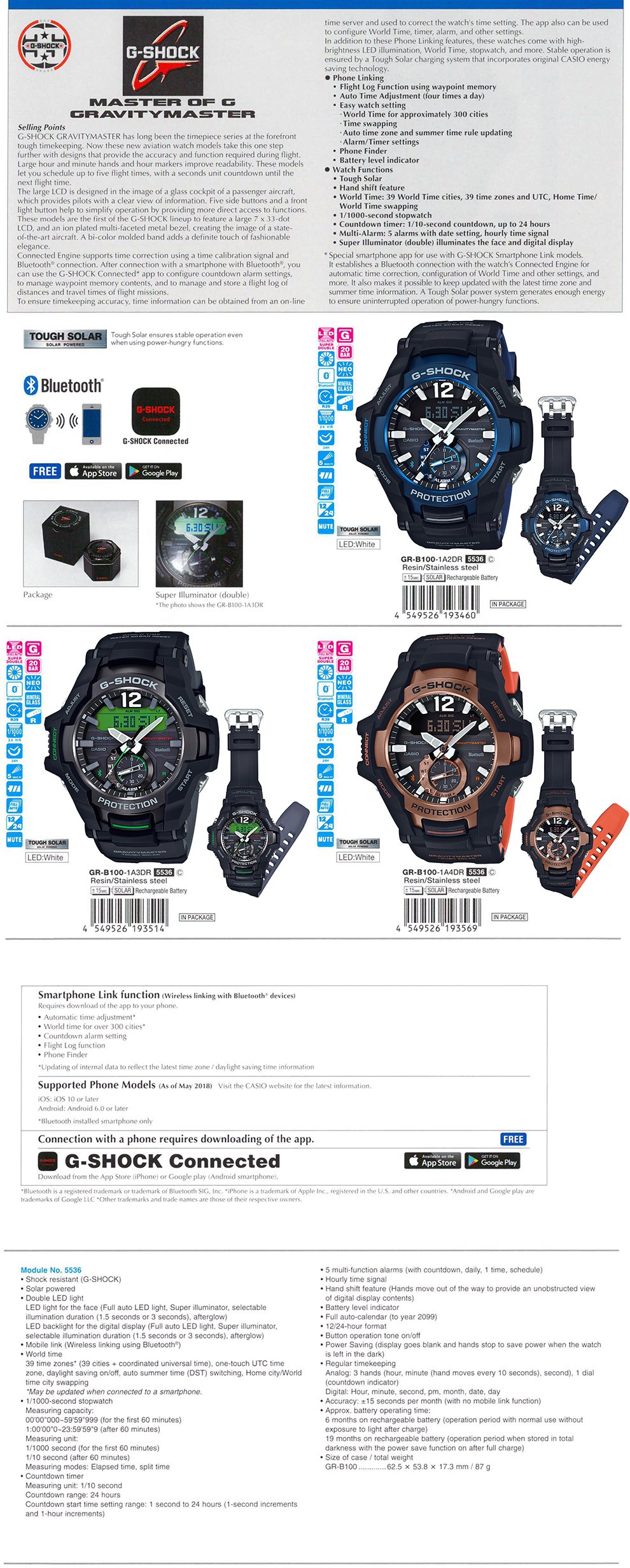 G-SHOCK, GRAVITYMASTER, MasterofG, Tough Solar, Bluetooth, Super Illuminator, cockpit, aircraft, GR-B100-1A2, GR-B100-1A3, GR-B100-1A4