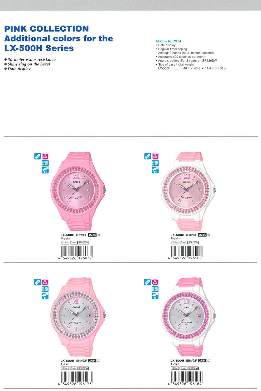 Standard Analog, PINK collection, 50-meter water resistance, Shiny ring, LX-500H-4E2V, LX-500H-4E3V, LX-500H-4E4V, LX-500H-4E5V