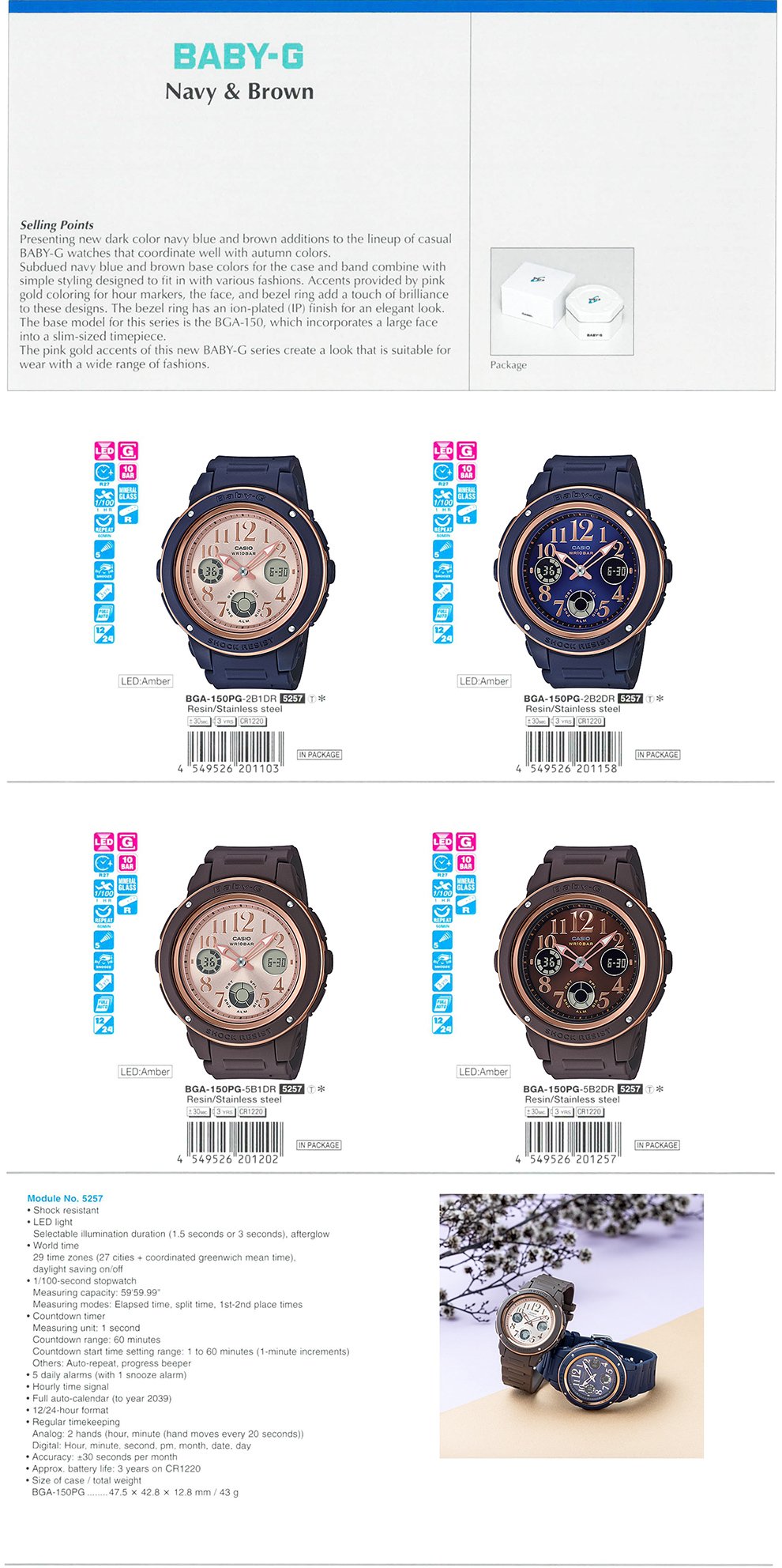 BABY-G, Navy, Brown, autumn colors, casual, fashion, ion-plated finish, elegant look, BGA-150PG-2B1, BGA-150PG-2B2, BGA-150PG-5B1, BGA-150PG-5B2