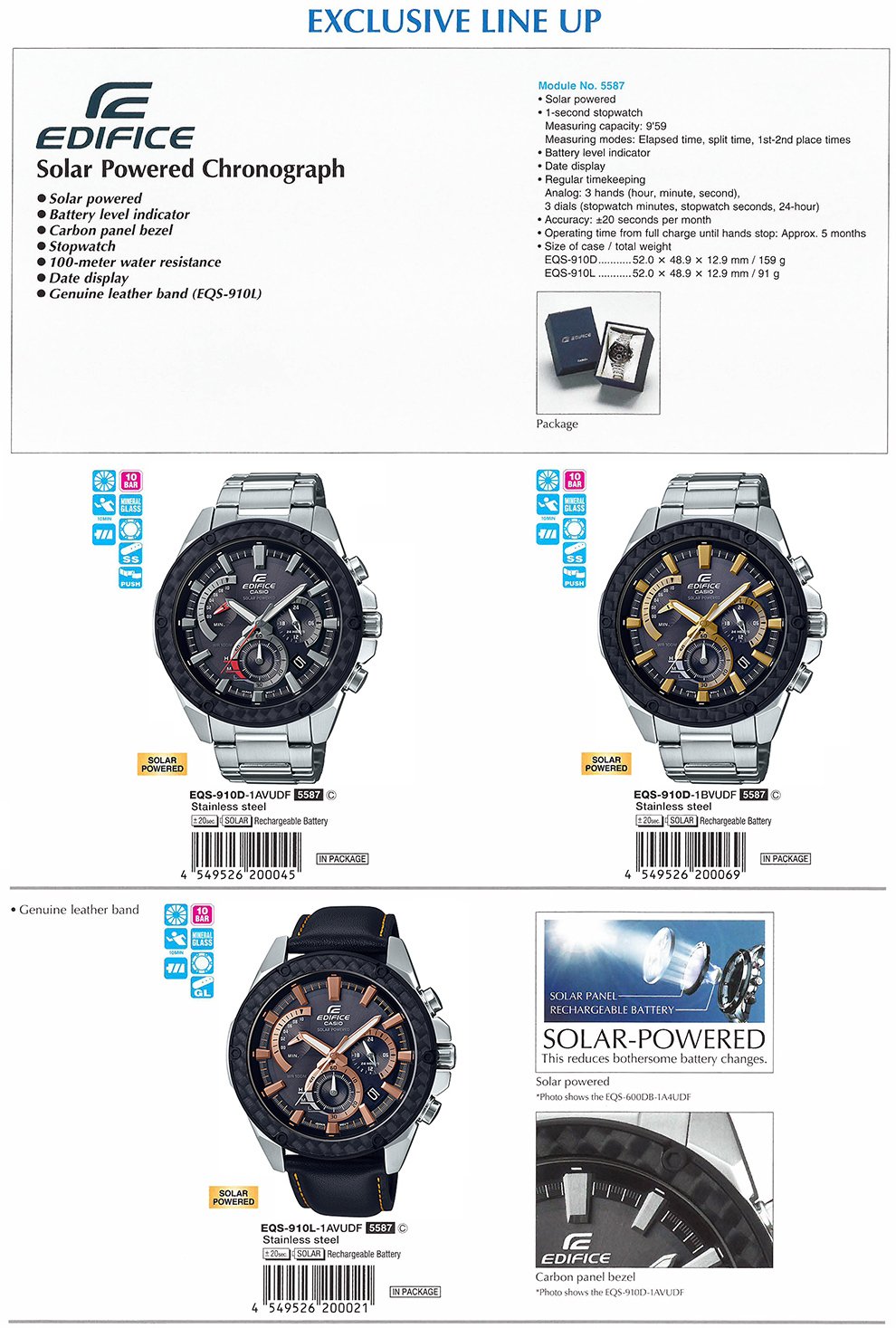 EDIFICE, Solar Powered, Chronograph, Carbon panel bezel, battery level indicator, EQS-910D-1AV, EQS-910D-1BV, EQS-910L-1AV