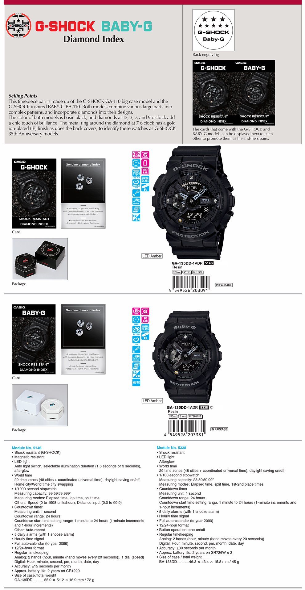 G-SHOCK, BABY-G, Diamond Index, his-and-hers, pairs, ion-plated, GA-135DD-1A, BA-135DD-1A