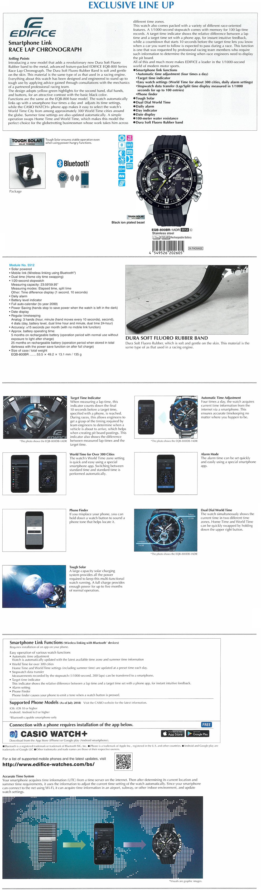 EDIFICE, RACE LAP CHRONOGRAPH, Smartphone Link, Tough Solar, Bluetooth, Smartphone link, Casio Watch+ App, EQB-800BR-1A