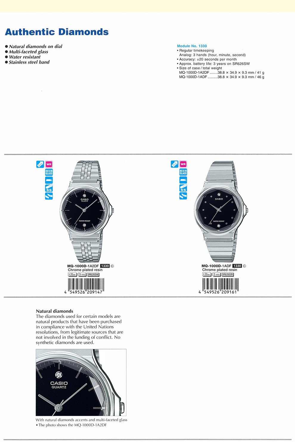 Standard Analog, Authentic, Diamonds, Natural, Multi-faceted glass, water resistant, MQ-1000D-1A2, MQ-1000D-1A