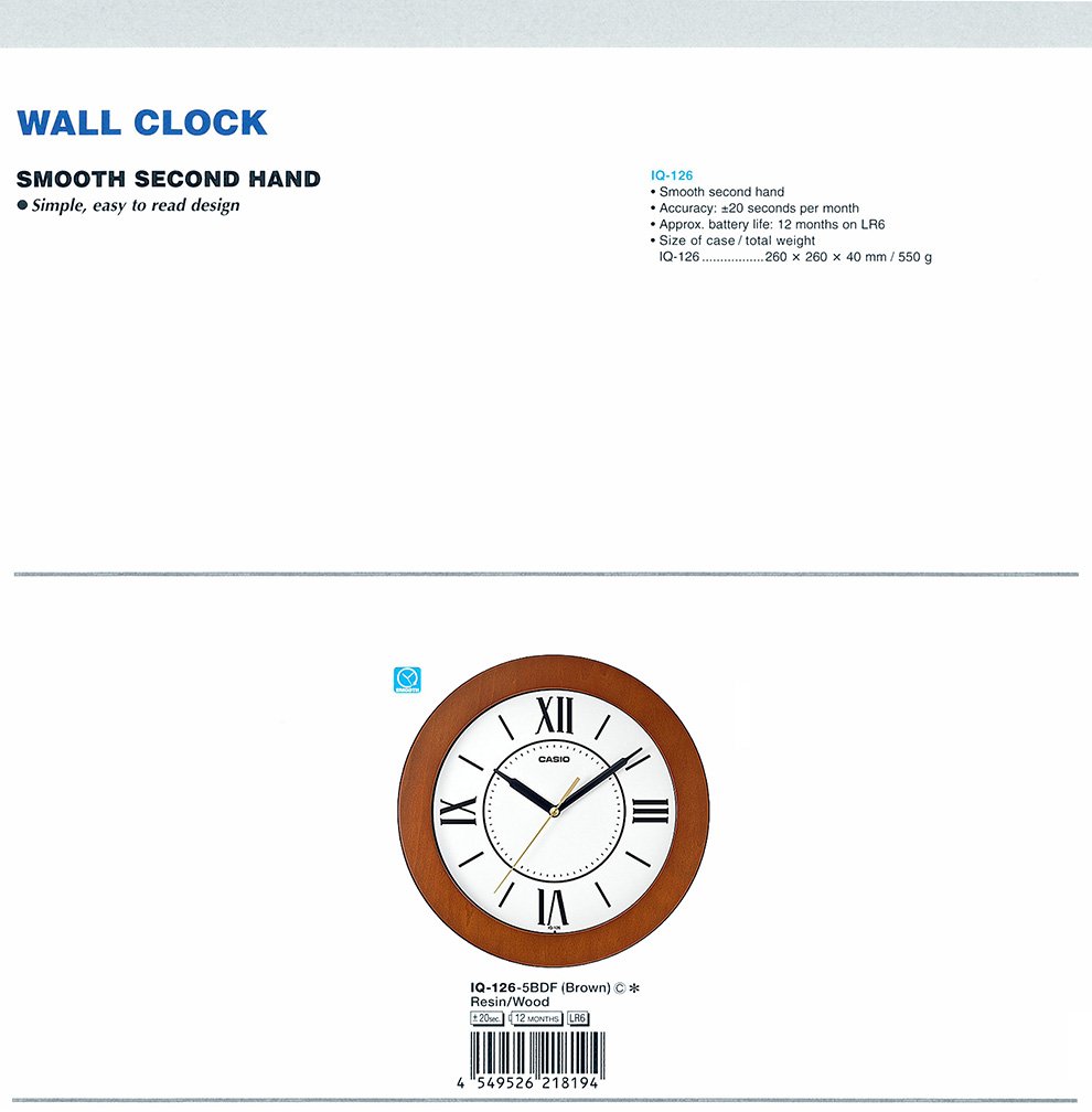 CLOCK, Wall, Smooth second hand, simple, easy to read design, IQ-126-5B
